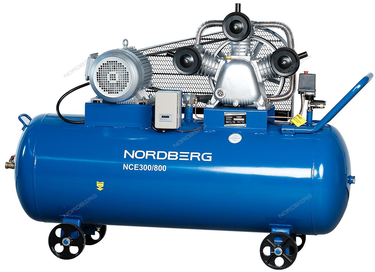 Компрессор трехпоршневой, ременной, чугунная головка, 380 В, ресивер 300 л, 800 л/мин