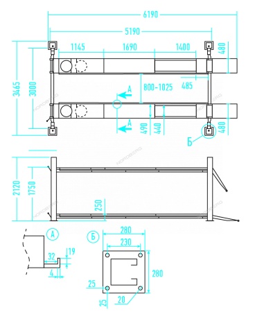 Подъемник 4х-стоечный 5т, c траверсой (от гидростанции) 3т, 380В для сход-развала (синий)