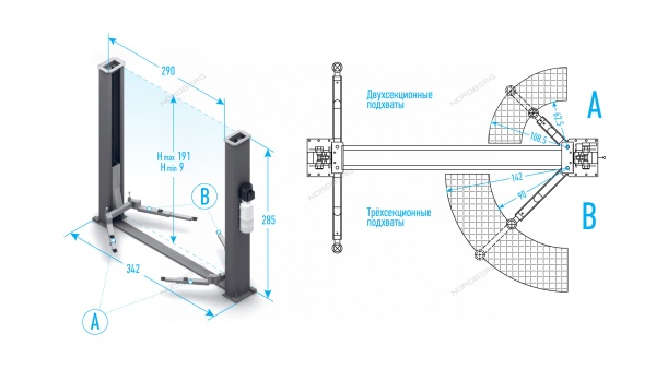 Подъемник двухстоечный 4 т, 380 В, синий