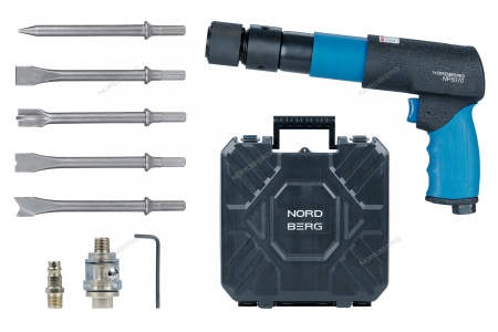 Пневмозубило 250 мм, с комплектом насадок и быстросъемным держателем в кейсе