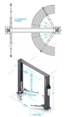 Подъемник 380V 2х стоечный 4,5т с верхней синхронизацией (серый)