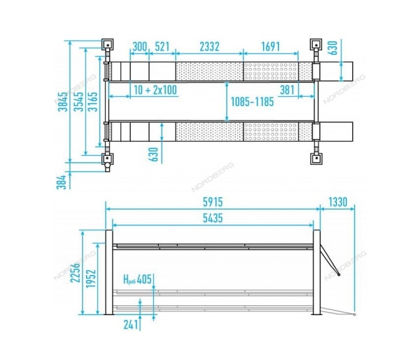 Подъемник четырехстоечный 6,5 т, c пневмогидравлической траверсой N433BA, для сход-развала, синий