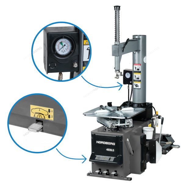 Станок шиномонтажный 380V п/автомат, 2х скоростн, подкачка педалью, зажимы 13-26", усил отжим, серый
