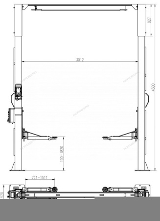 Подъемник двухстоечный 4,5 т, верхняя синхронизация, с электростопорами, 380 В