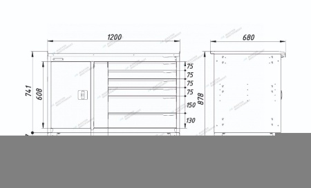 Верстак слесарный двухтумбовый, 7 серых ящиков (RAL 7012/7015)