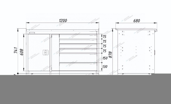 Верстак слесарный двухтумбовый, 7 серых ящиков (RAL 7012/7015)