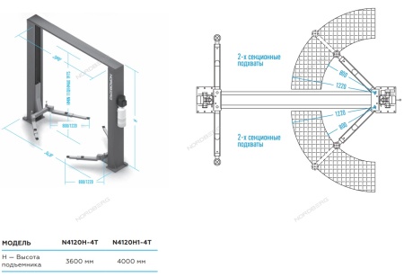 Подъемник 380V 2х стоечный 4т с верхней синхронизацией, H=4,0 м, с электростопорами (синий)